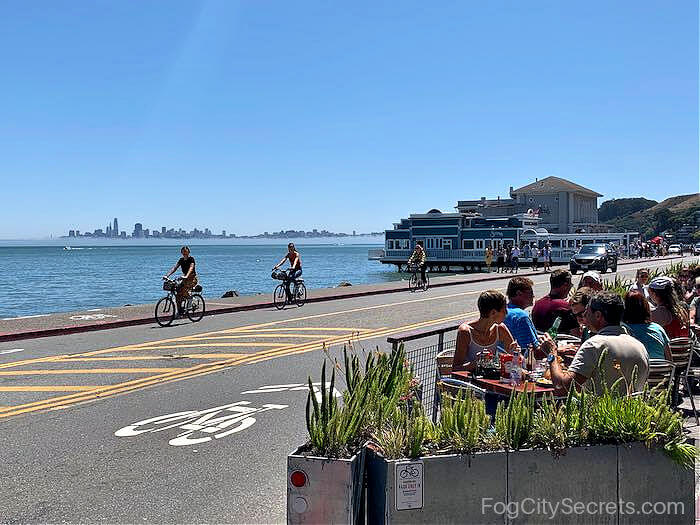 View of San Francisco from Sausalito and cafe View of San Francisco from Sausalito and cafe