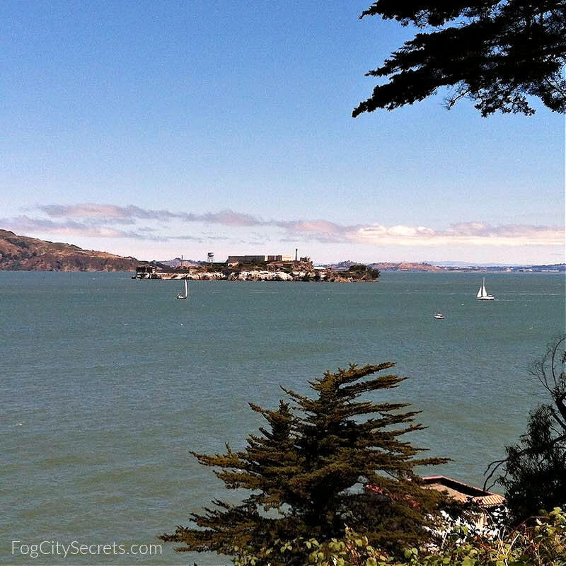SF Bay view of Alcatraz behind Fort Mason