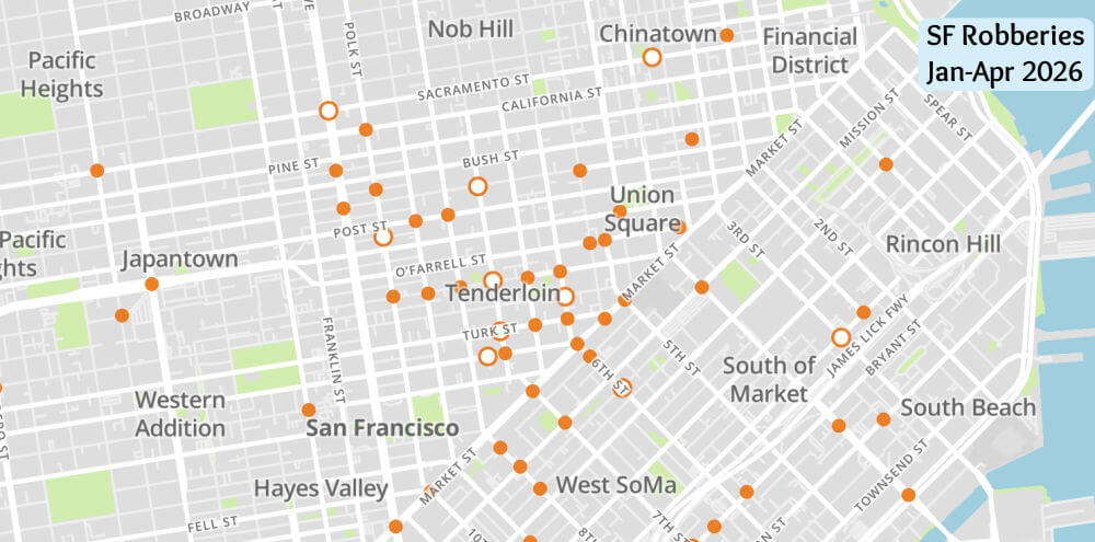 Mapof robberies in the downtown SF and Tenderloin Mapof robberies in the downtown SF and Tenderloin