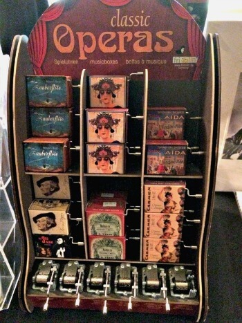 Display of music boxes in SF Opera Gift Shop