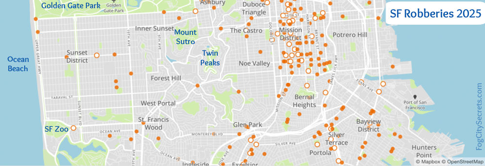 Map of SF robberies in 2025, southern half of the city Map of SF robberies in 2025, southern half of the city