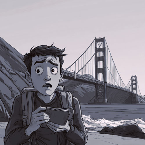 Drawing of a tourist in San Francisco worried about budget