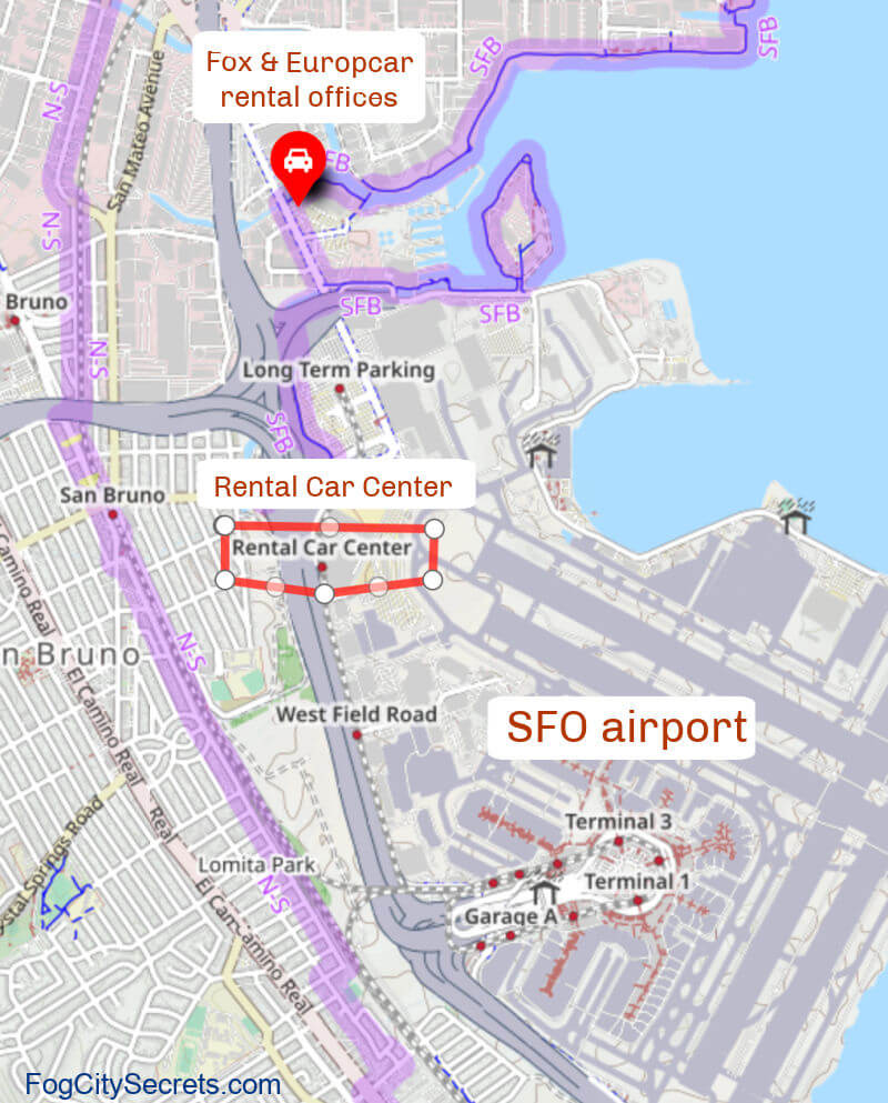 Map of location of Fox and Europcar offices near SFO Map of location of Fox and Europcar offices near SFO