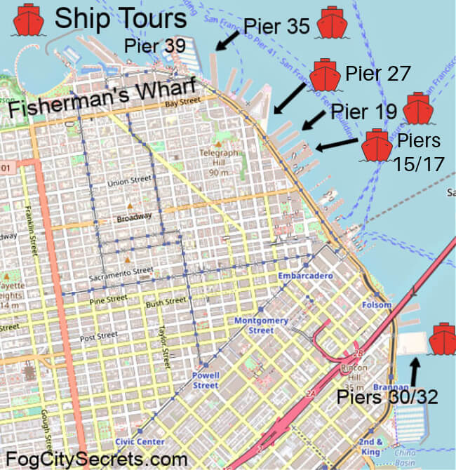 Map of ship tours locations at SF piers Map of ship tours locations at SF piers