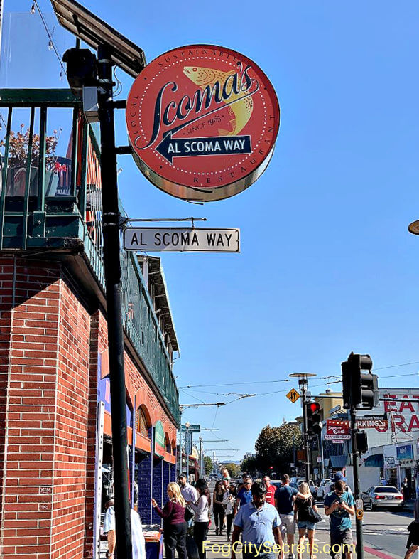 Sign for Scomas restaurant on Fisherman's Wharf in SF Sign for Scomas restaurant on Fisherman's Wharf in SF
