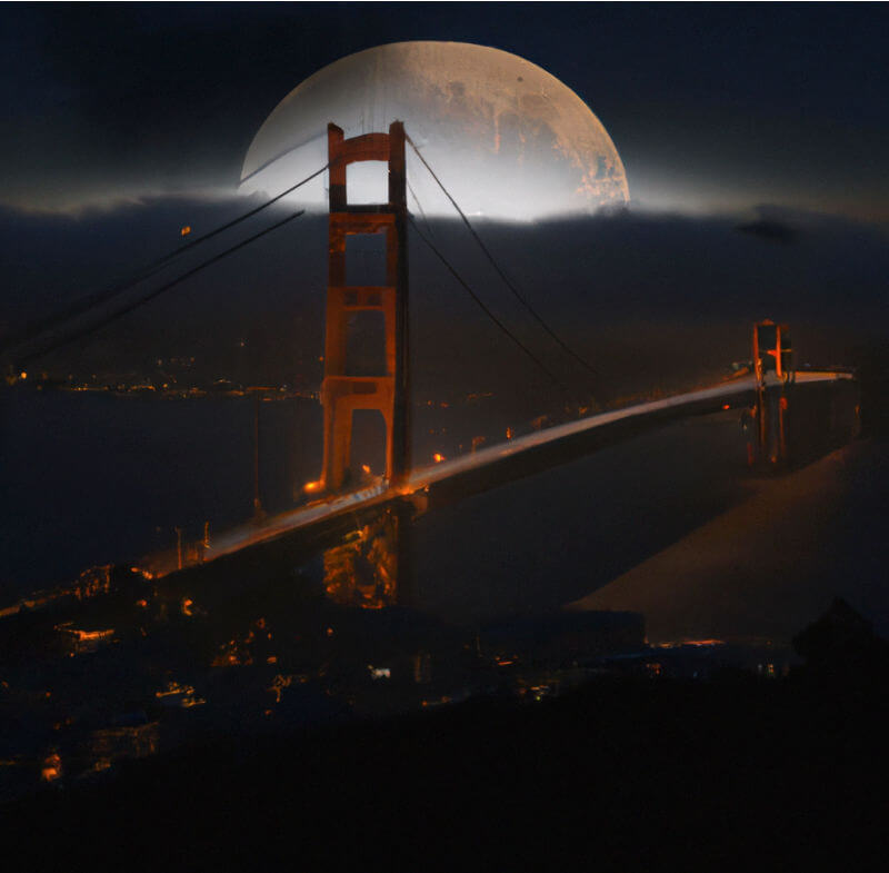Spooky night in San Francisco with Golden Gate and moon