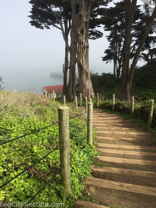 Rustic stairway from Warming Hut to Battery East Trail, near the Golden Gate Bridge