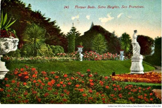 Gardens and statues at Sutro's estate, vintage postcard Gardens and statues at Sutro's estate, vintage postcard