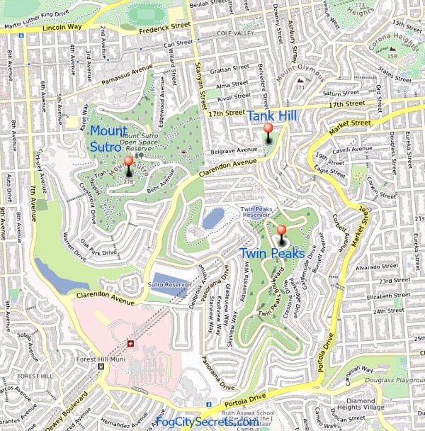 Map of Tank Hill, Twin Peaks and Mount Sutro in SF