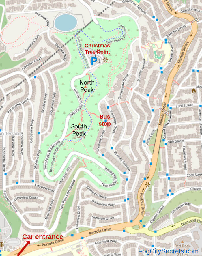 Map of Twin Peaks San Francisco showing road closures Map of Twin Peaks San Francisco showing road closures
