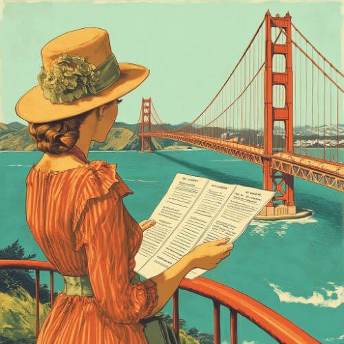 vintage tourism image of woman at Golden Gate Bridge