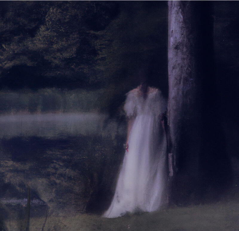 Woman in white dress in dark woods Woman in white dress in dark woods