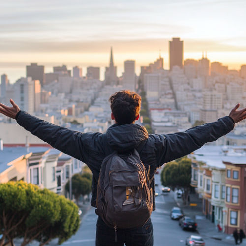 Young man happy to be visiting San Francisco